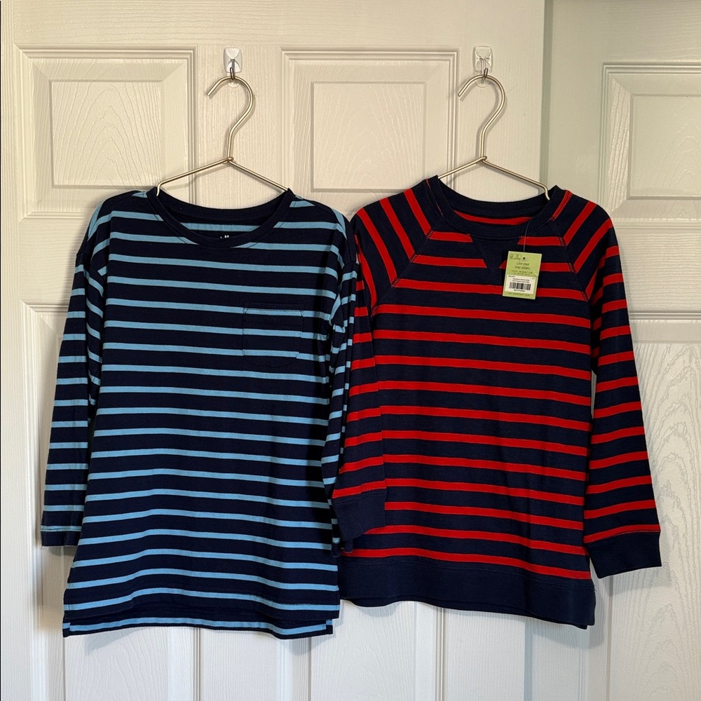 Primary Kids Long Sleeve Tunic Tees - Navy and Red Stripes